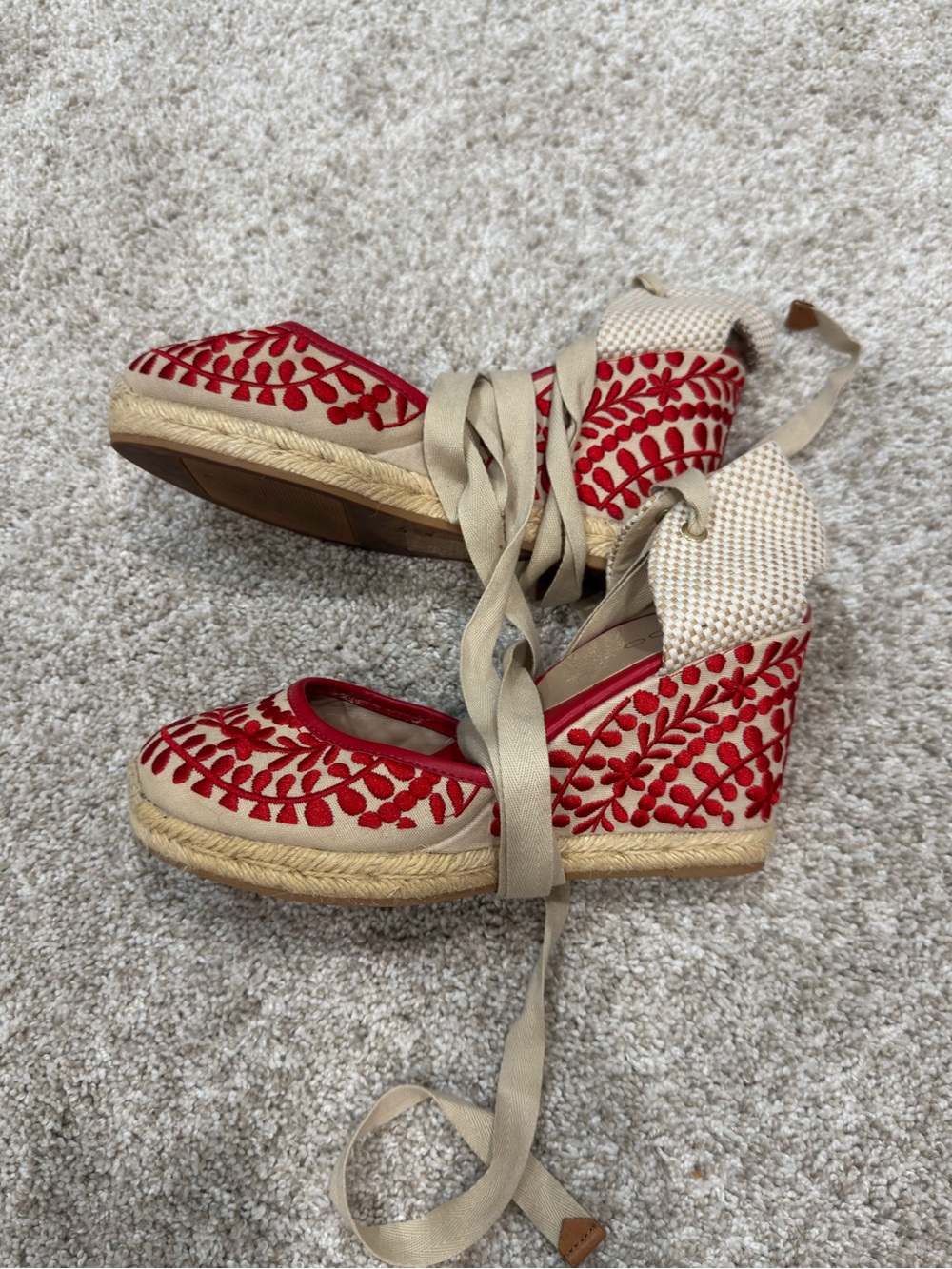 Aldo Beige Espadrille Wedge Sandals with Red Embroidery and Ankle Wrap
